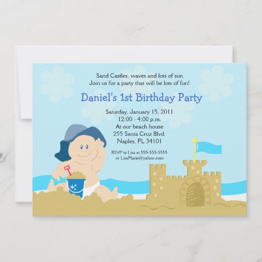 Beach Baby Sand Castle Boy Birthday Party 5x7 Kaart (Voorkant)