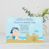 Beach Baby Sand Castle Boy Birthday Party 5x7 Kaart (Staand voorkant)