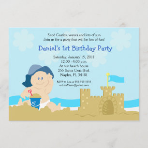 Beach Baby Sand Castle Boy Birthday Party 5x7 Kaart