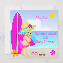 Beach Baby shower Girl Pink Blauwgroen Blue Sunhat Kaart