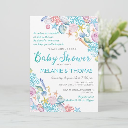 Beach Baby shower Invitation, Nautical Zee Shell Kaart (Staand voorkant)