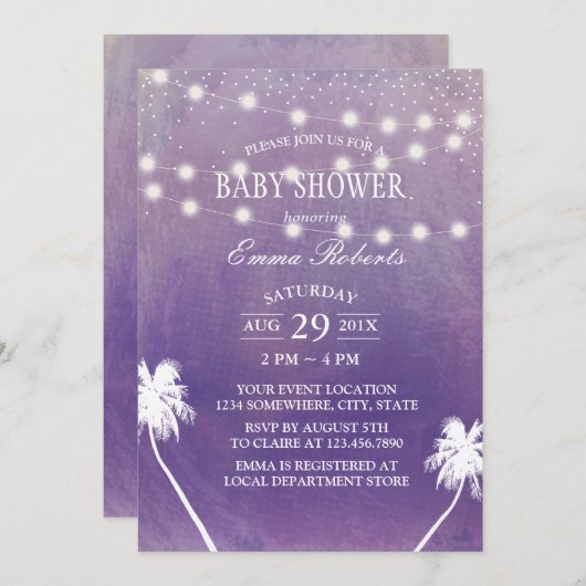 Beach Baby shower Palm Tree Paarse Waterverf Kaart (Voorkant / Achterkant)