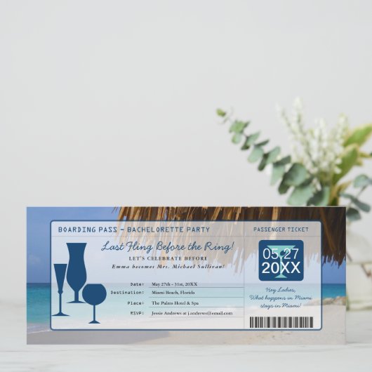 Beach Bachelorette Party Boarding Pass Kaart (Staand voorkant)