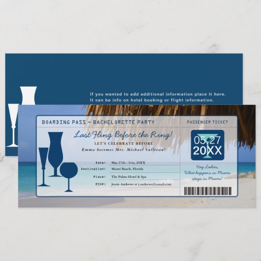 Beach Bachelorette Party Boarding Pass Kaart (Voorkant / Achterkant)