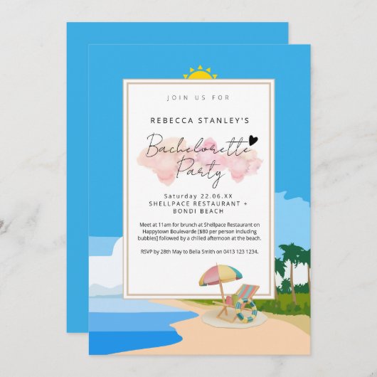 'Beach Bachelorette' Uitnodiging voor kippen feest (Voorkant / Achterkant)