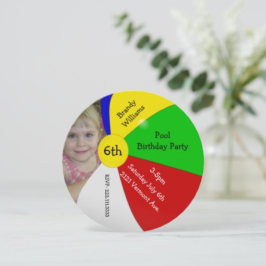 Beach Ball Photo Birthday Party Invitation Kaart (Staand voorkant)