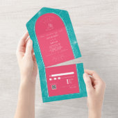 Beach Beach Beach Pink Blue Weduwcode QR-code All In One Uitnodiging (Afscheurbaar)