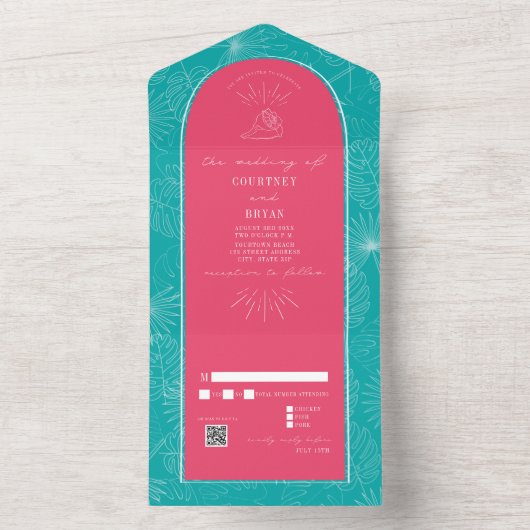 Beach Beach Beach Pink Blue Weduwcode QR-code All In One Uitnodiging (Binnen)