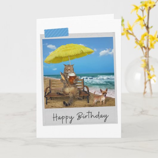 Beach Beer Cat Funny Birthday Card Kaart (Gele Bloem)