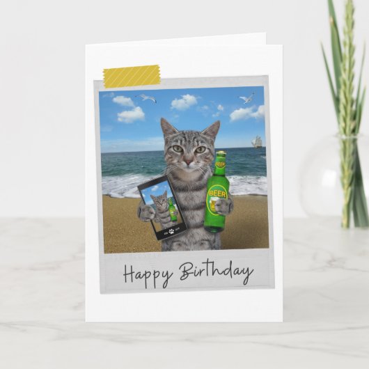 Beach Beer Tabby Cat Funny Birthday Card Kaart (Voorkant)