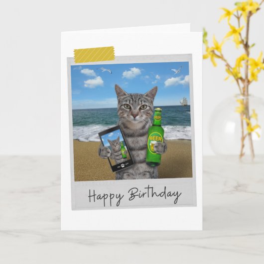 Beach Beer Tabby Cat Funny Birthday Card Kaart (Gele Bloem)
