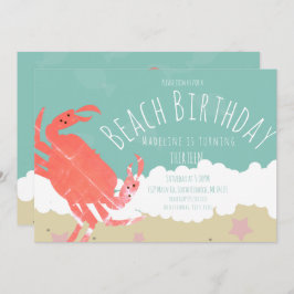 Beach Birthday Crab Sand Ocean Waves Invitation Kaart