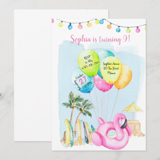 Beach Birthday Invitation, Beach Invitation Kaart (Voorkant / Achterkant)