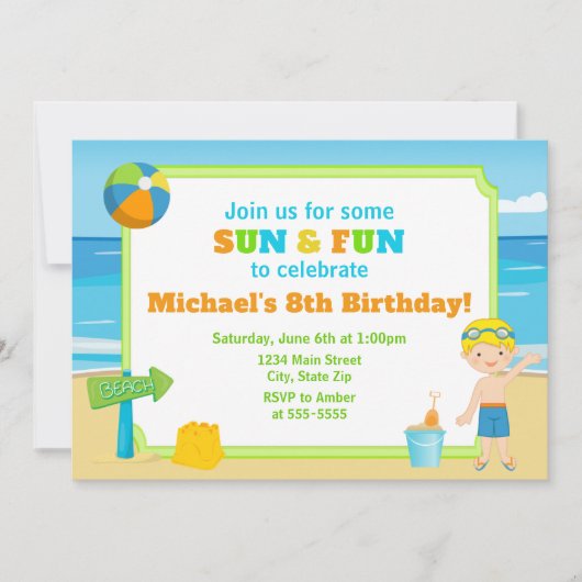 Beach Birthday Invitation Beach Party Boy Kaart (Voorkant)