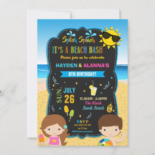 Beach Birthday party Bash Twins Siblings Boy Girl Kaart (Voorkant)