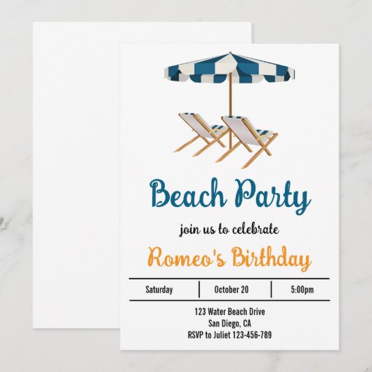 Beach Birthday Party Invitation Kaart (Voorkant / Achterkant)