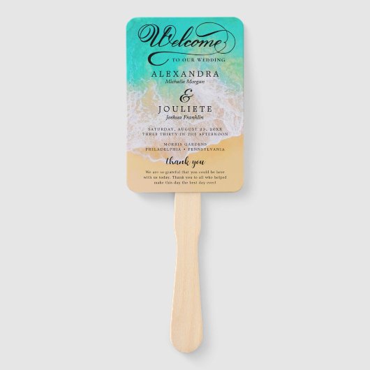 beach | Blauwgroen huwelijksprogramma Hand Fan Handwaaier (Voorkant)