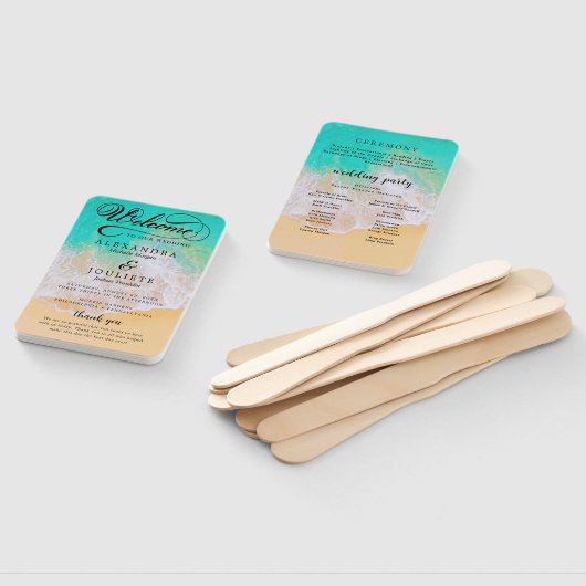 beach | Blauwgroen huwelijksprogramma Hand Fan Handwaaier (Niet-gemonteerd)