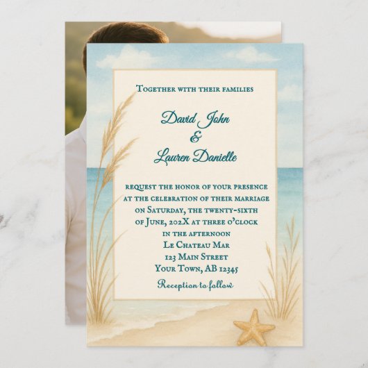 Beach Bliss Photo Wedding Invitation Kaart (Voorkant / Achterkant)
