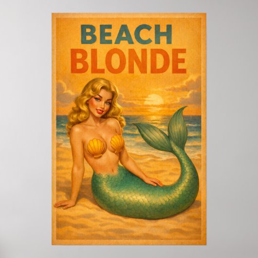 Beach Blonde Pin-Up Mermaid Retro Coastal Life Art Poster (Voorkant)