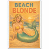 Beach Blonde Pin-Up Mermaid Retro Coastal Life Art Sticker (Voorkant)
