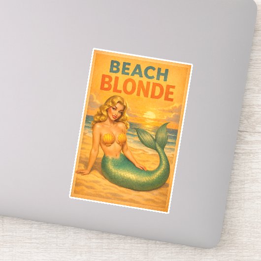 Beach Blonde Pin-Up Mermaid Retro Coastal Life Art Sticker (Detail)