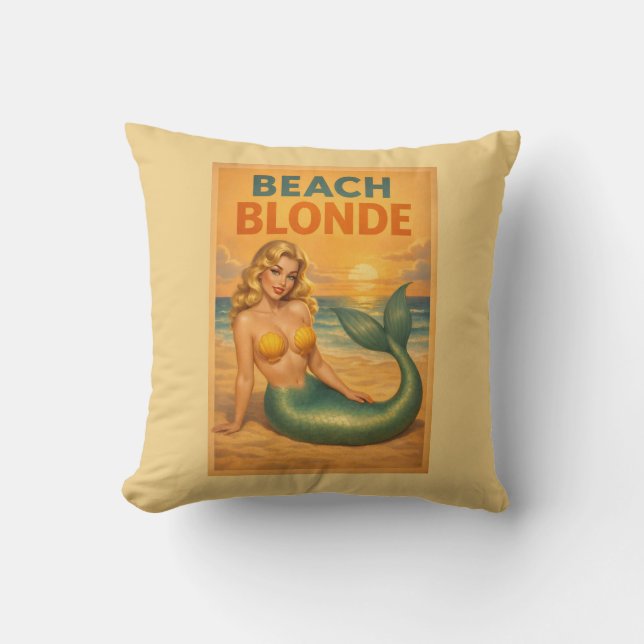 Beach Blonde Pin-Up Mermaid - Yellow Retro Coastal Kussen (Voorkant)