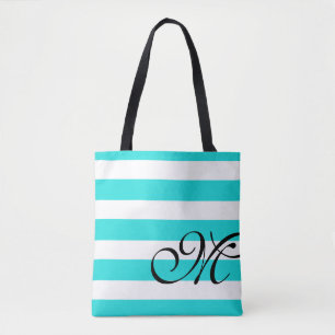 Beach Blue Aqua & White Stripes Monogram Canvas ta Tote Bag
