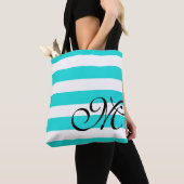 Beach Blue Aqua & White Stripes Monogram Canvas ta Tote Bag (Dichtbij)