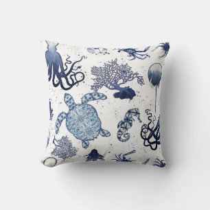 Beach Blue Coral Moderne Waterverf Zee Turtle Art Kussen