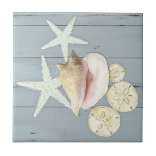 Beach Blue Cottage Starfish Sanddollar Conch Shell Tegeltje (Voorkant)