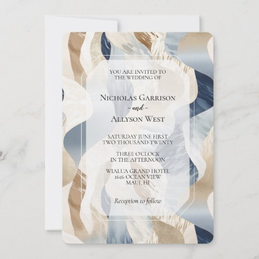 Beach Blue Cream Sand Ivoor Abstracte bruiloft Kaart (Voorkant)