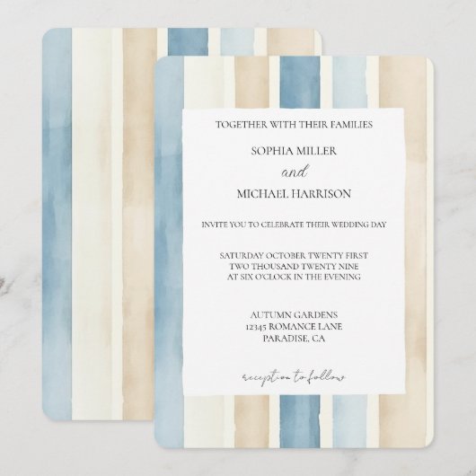 Beach Blue Ivory Cream Sand Stripes Wedding Kaart (Voorkant / Achterkant)