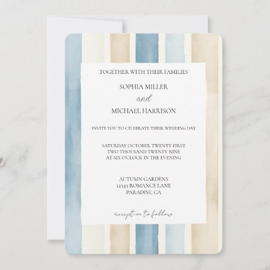 Beach Blue Ivory Cream Sand Stripes Wedding Kaart (Voorkant)