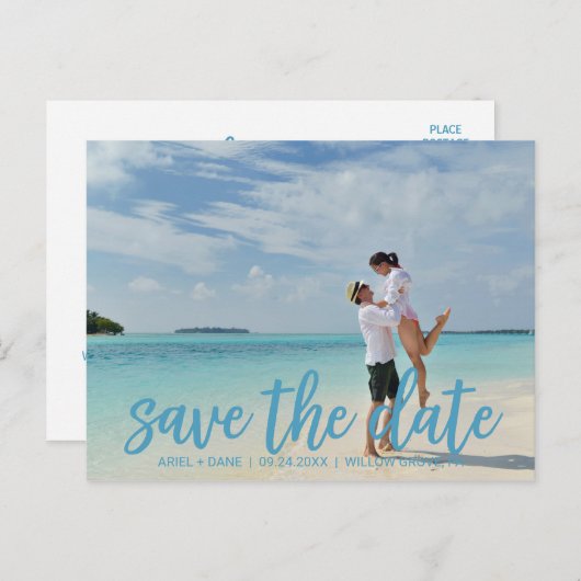 Beach Blue Save the Date Photo Aankondigingskaart (Voorkant / Achterkant)