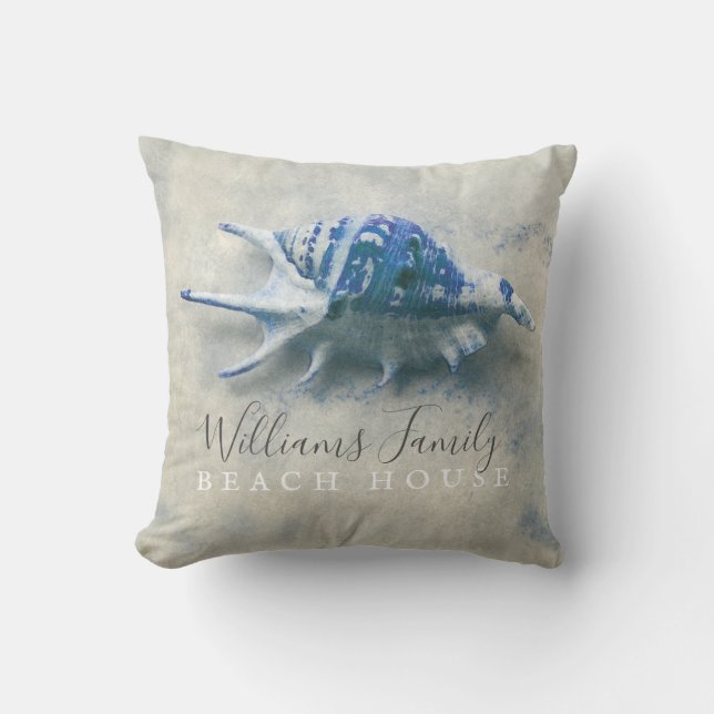 Beach Blue Seashell Familienaam Sierkussen (Voorkant)