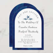 Beach Blue Seashell Navy Blue Waterverf Wedding Kaart (Voorkant / Achterkant)