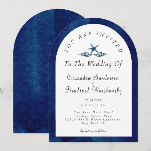 Beach Blue Seashell Navy Blue Waterverf Wedding Kaart (Voorkant / Achterkant)