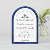 Beach Blue Seashell Navy Blue Waterverf Wedding Kaart (Staand voorkant)