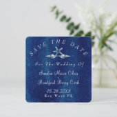 Beach Blue Seashell Navy Blue Waterverf Wedding Save The Date (Staand voorkant)