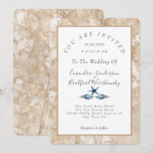 Beach Blue Seashell Waterverf Gold Sand Wedding Kaart (Voorkant / Achterkant)