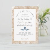 Beach Blue Seashell Waterverf Gold Sand Wedding Kaart (Staand voorkant)
