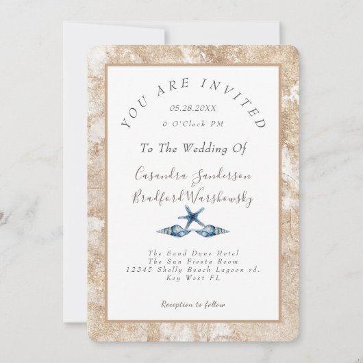 Beach Blue Seashell Waterverf Gold Sand Wedding Kaart (Voorkant)