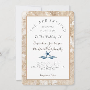 Beach Blue Seashell Waterverf Gold Sand Wedding Kaart