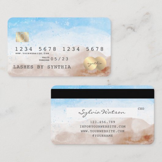 Beach Blue Sky Waterverf Credit Kaart Stijl Visitekaartje (Voorkant / Achterkant)