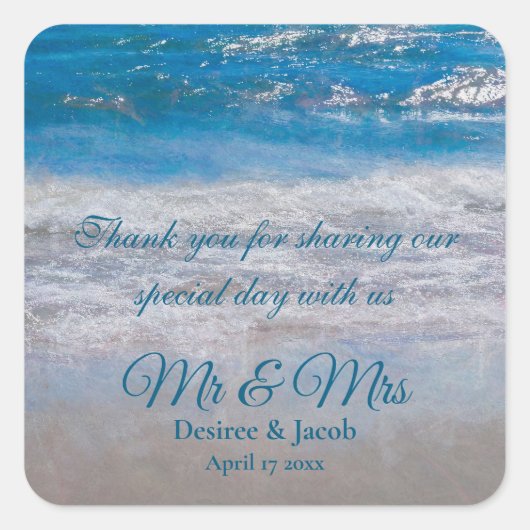 Beach Blue Tropical Wedding Coastal Ocean Waves Vierkante Sticker (Voorkant)