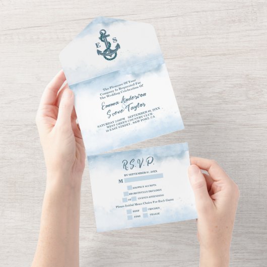 Beach Blue Waterverf Anker Nautische bruiloft All In One Uitnodiging (Afscheurbaar)