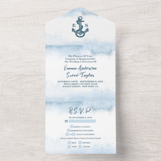 Beach Blue Waterverf Anker Nautische bruiloft All In One Uitnodiging (Binnen)