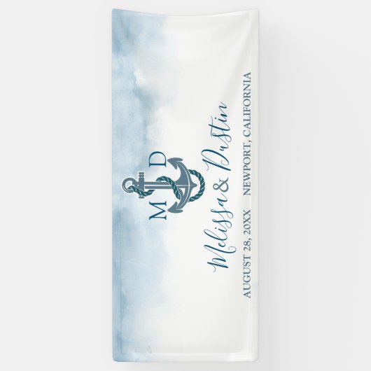 Beach Blue Waterverf Anker Nautische bruiloft Spandoek (Verticaal)