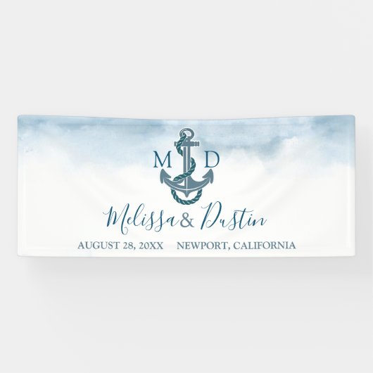 Beach Blue Waterverf Anker Nautische bruiloft Spandoek (Horizontaal)